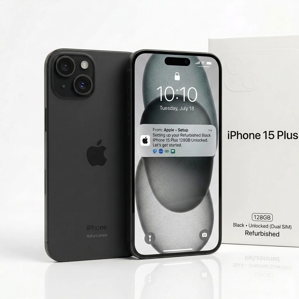 Apple iPhone 15 Plus 128GB Black Unlocked: front and back view