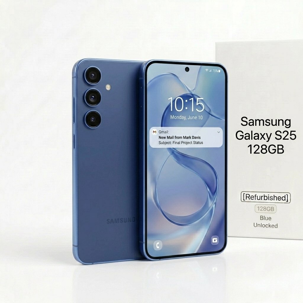 Samsung Galaxy S25 128GB smartphone in Blue color, front and back view