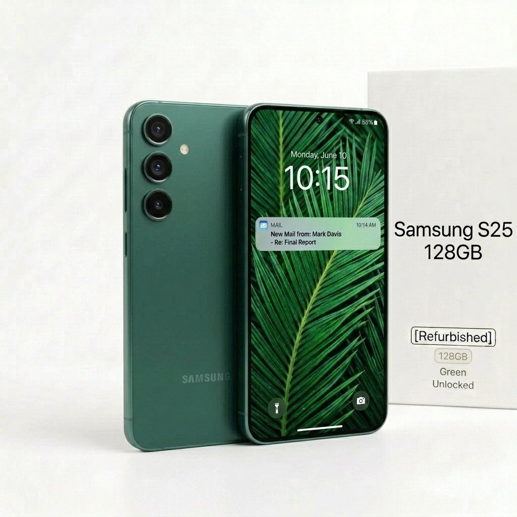 Samsung Galaxy S25 smartphone in Green color, unlocked, 128GB storage model
