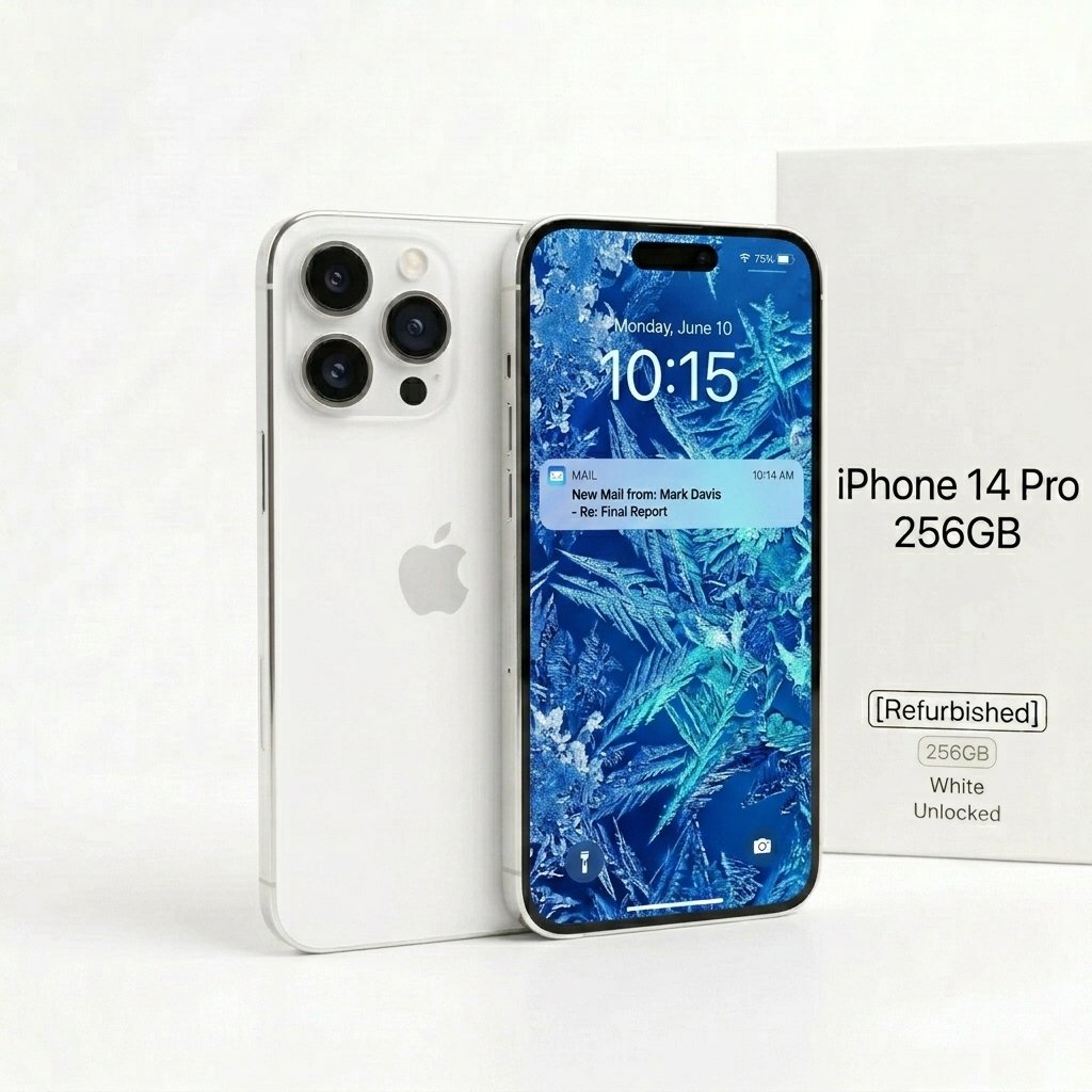 iPhone 14 Pro 256GB in White—unlocked smartphone front and back view
