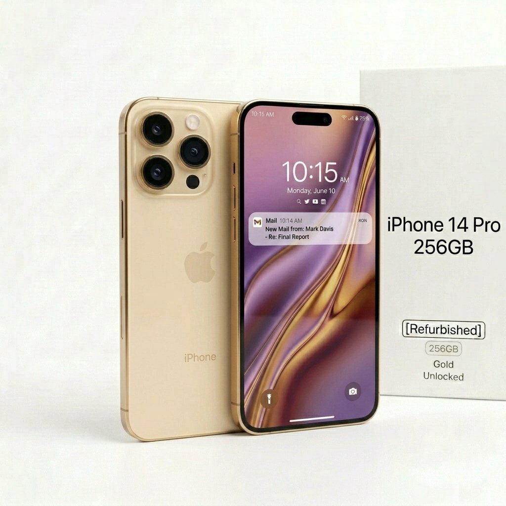 iPhone 14 Pro 256GB Gold Unlocked smartphone front and back view