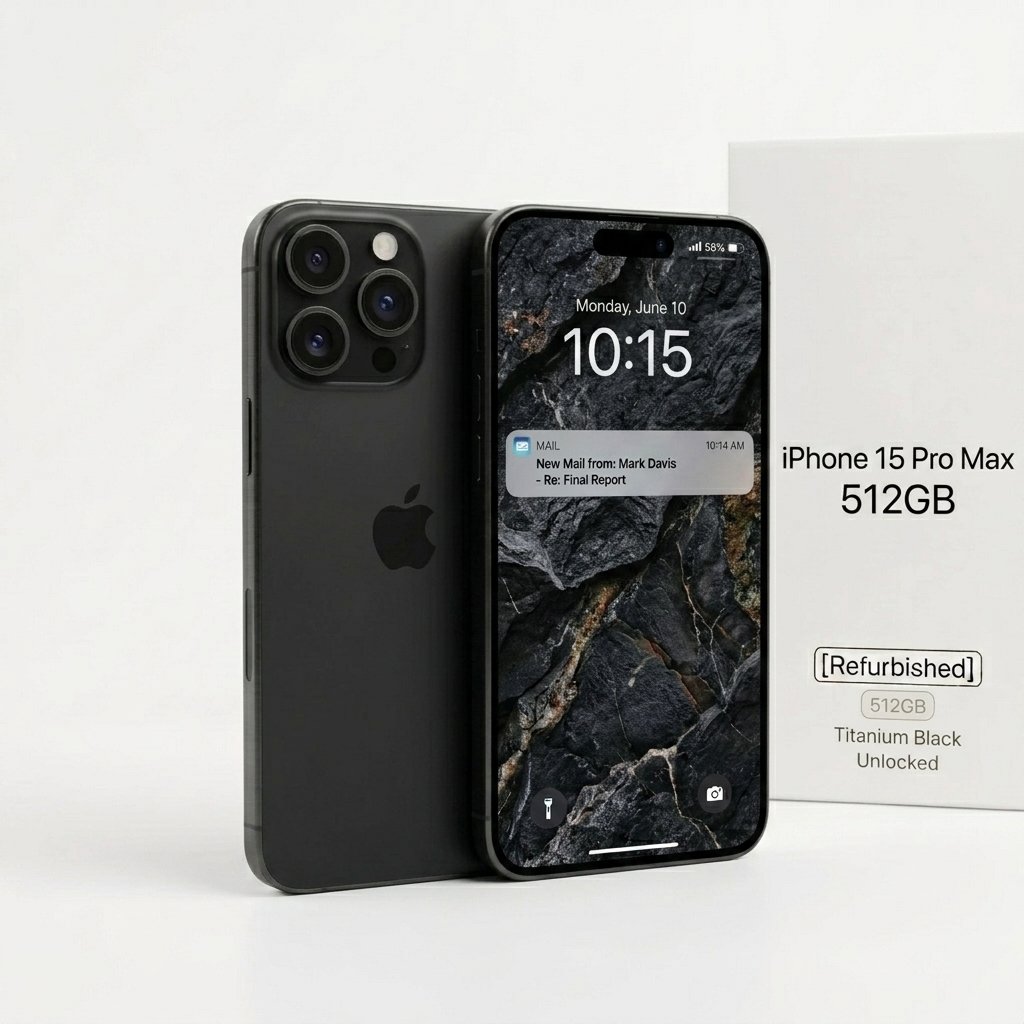 Apple iPhone 15 Pro Max 512GB Black Titanium, unlocked smartphone front and back view