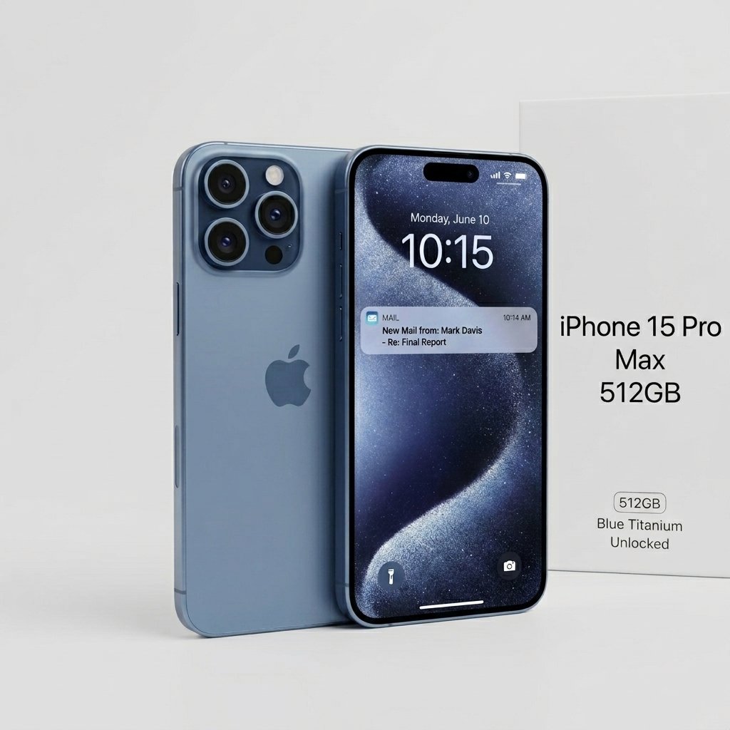 Apple iPhone 15 Pro Max in Blue Titanium finish, 512GB storage, unlocked, front and back view showing camera module