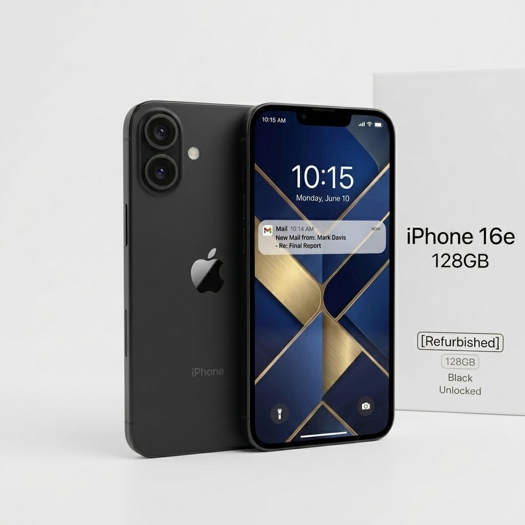 iPhone 16e 128GB Black Unlocked smartphone front and back view