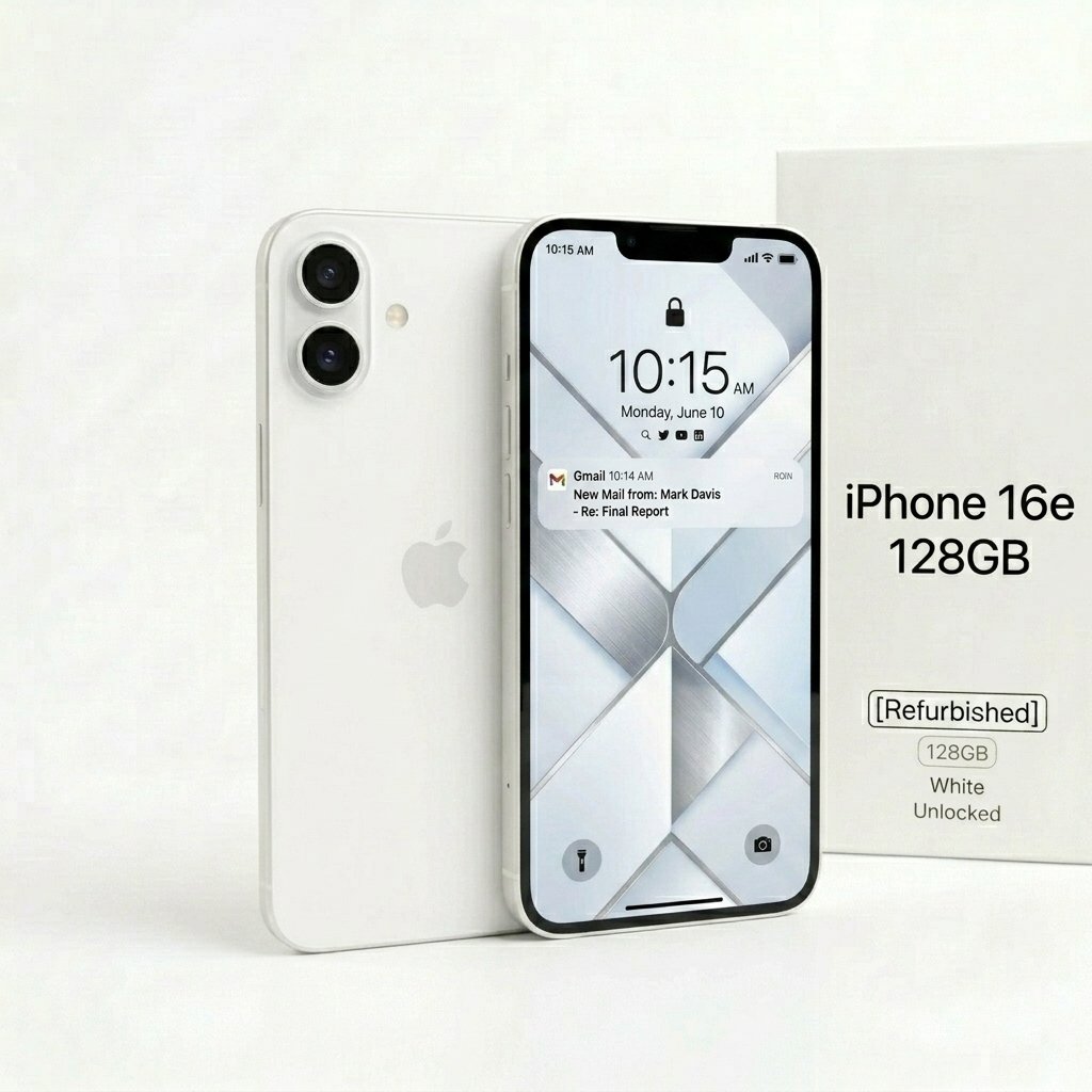 iPhone 16e 128GB White Unlocked smartphone front and back view