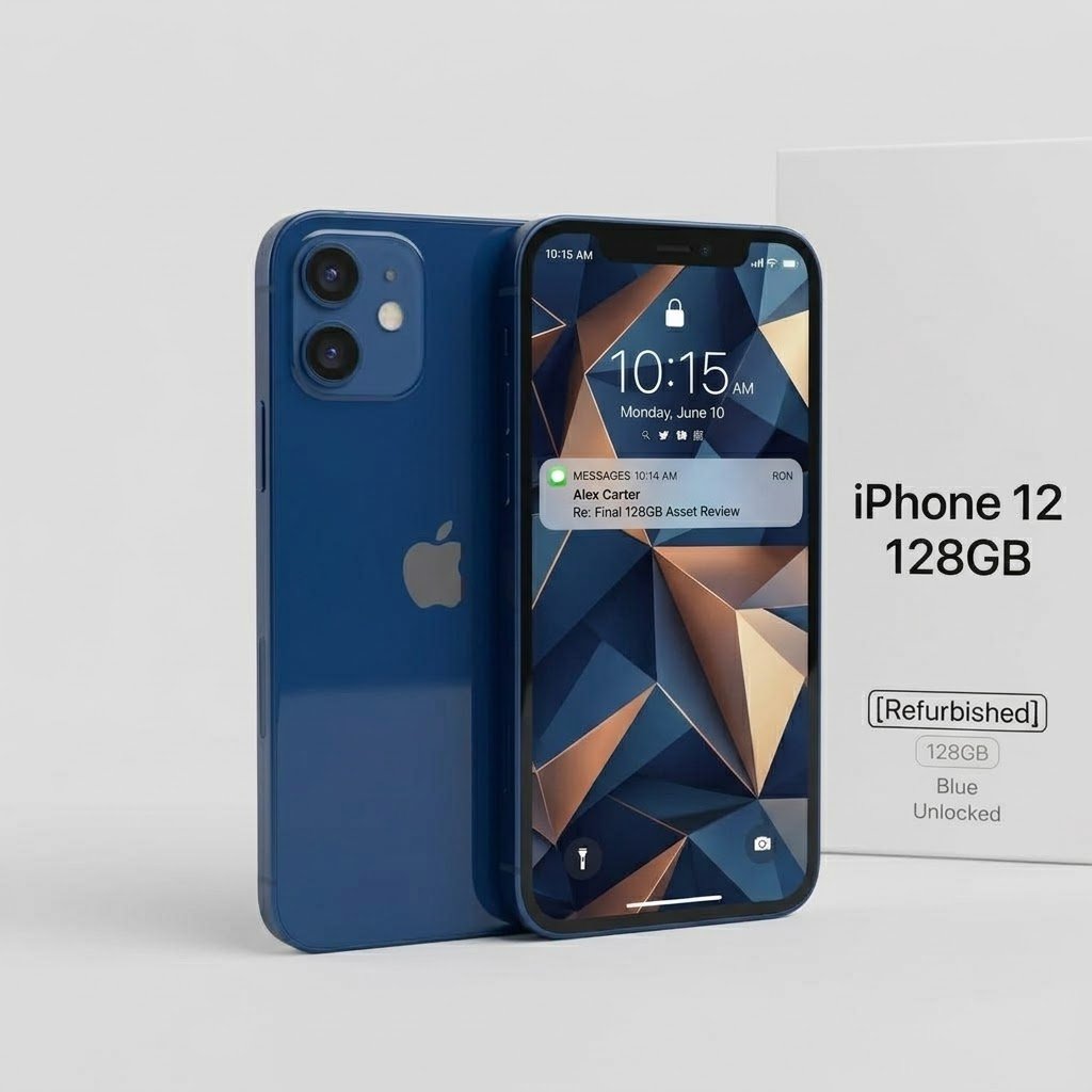 Apple iPhone 12 128GB Blue unlocked smartphone, front and back view on plain background
